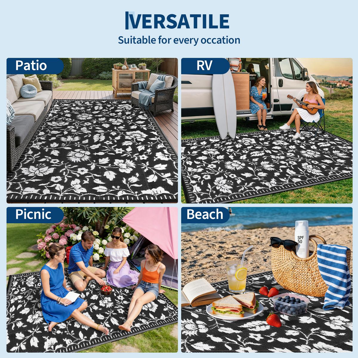 Garvee Floral Outdoor Rug, Waterproof Reversible Plastic Straw Rug, Foldable Outdoor Area Rug for Patio, Picnic, Beach, Balcony - thumbnail 7