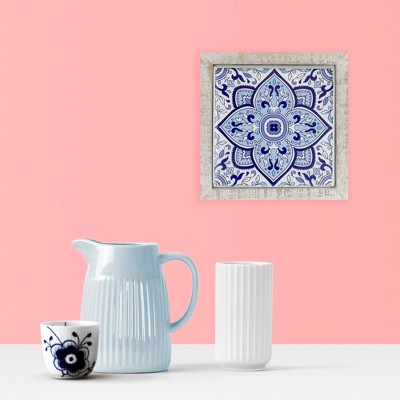 Blue and White Floral Tile Wall Decor with Rustic Wood Frame