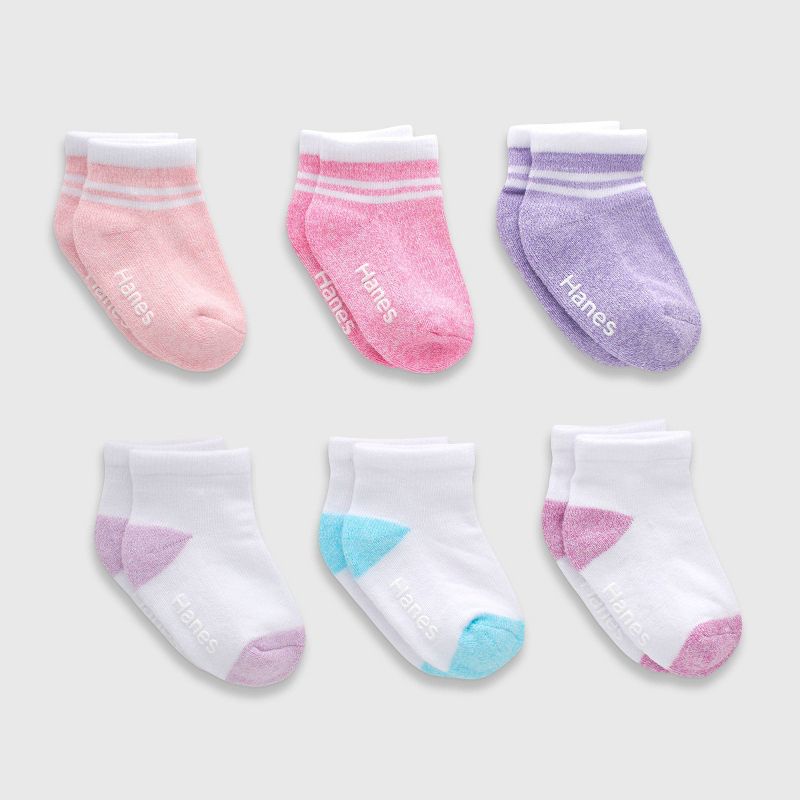 Hanes Toddler Girls' 6pk PURE Comfort with Organic Cotton Solid Athletic Socks - Purple/Pink/Gray, 1 of 4