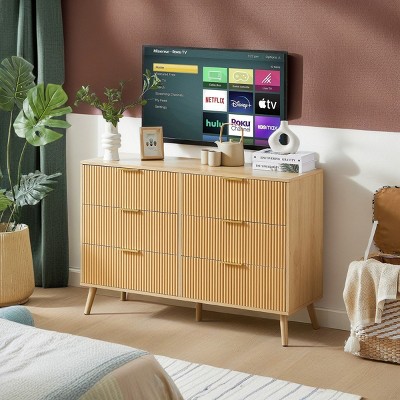 Lovmor Bedroom dresser, 8 Double Dresser with rattan drawers, wood chest of drawers for kids room, living room, entry and hallway, Natural