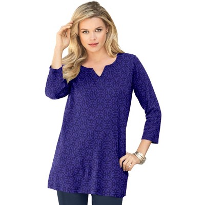 Roaman's Women's Plus Size Three-quarter Notch-neck Soft Knit Tunic ...