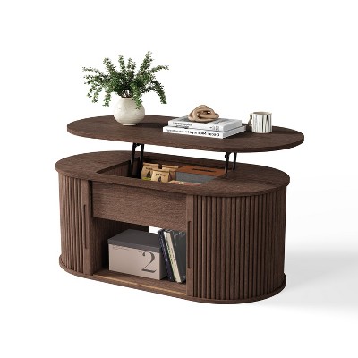 Mid-Century Lift-Top Coffee Table with Fluted Details & Hidden Storage, Sliding Tambour Door