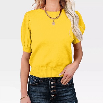 Women's Casual Crew Neck Short Sleeve Sweater Tops for Spring and Summer 2025,Yellow - M