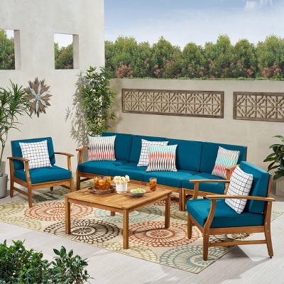 Perla 7pc Acacia Wood Sofa & Club Chair Set - Teak/Blue - Christopher Knight Home