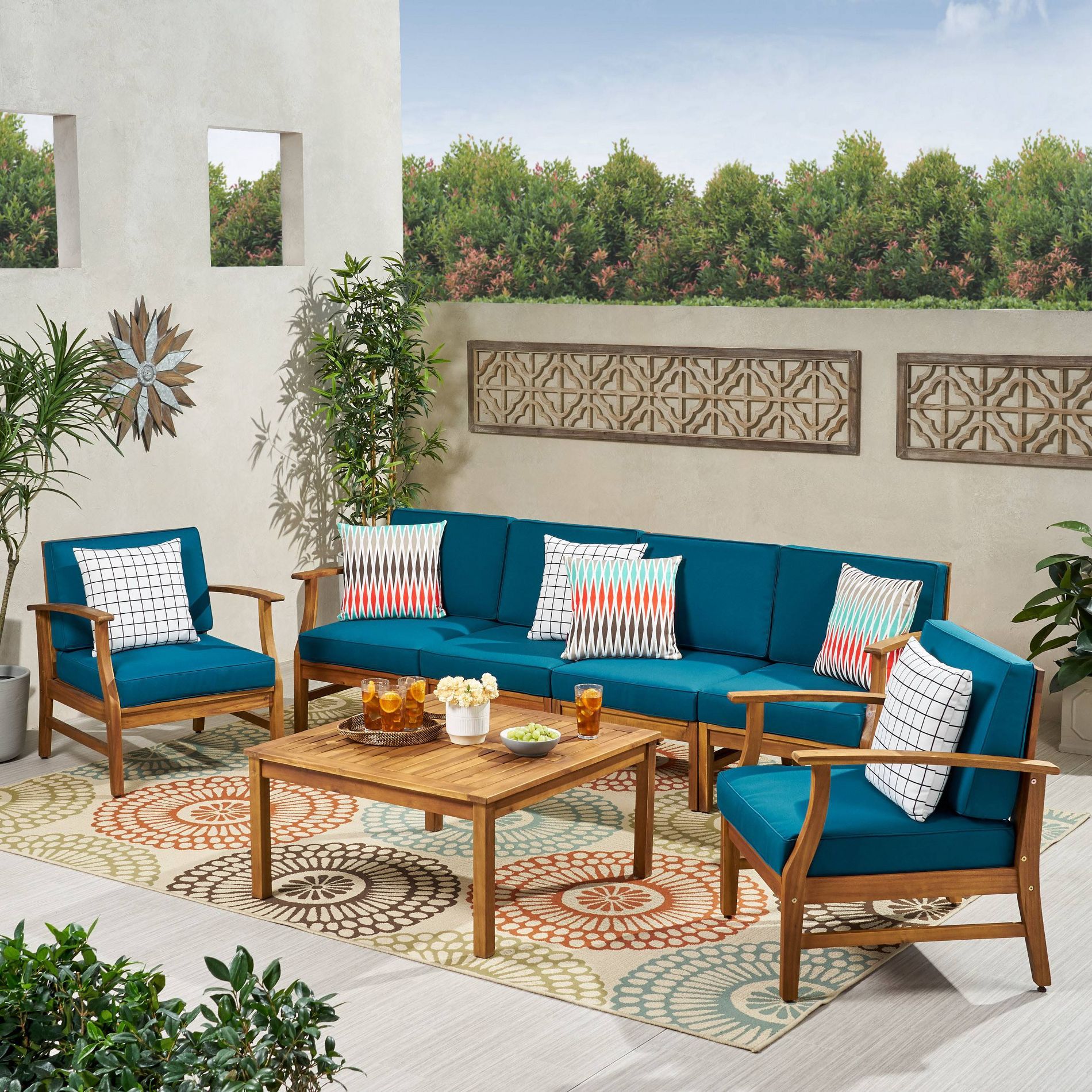 Perla 7pc Acacia Wood Sofa & Club Chair Set - Teak/Blue - Christopher Knight Home: Outdoor Seating with Coffee Table