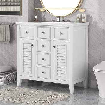 36" Solid Wood Frame Bathroom Vanity with Ceramic Sink, Two Cabinets, and Five Drawers - ModernLuxe