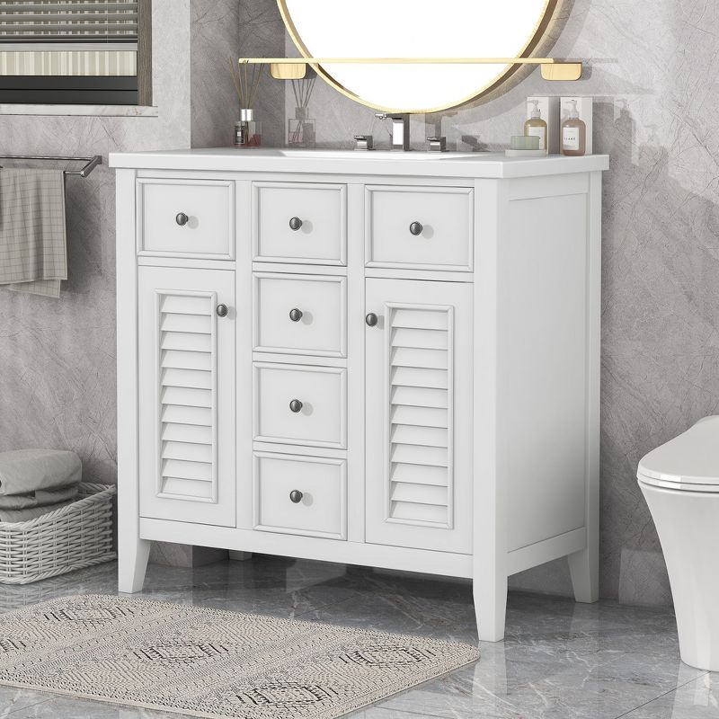 36" Solid Wood Frame Bathroom Vanity with Ceramic Sink, Two Cabinets, and Five Drawers - ModernLuxe, 1 of 12
