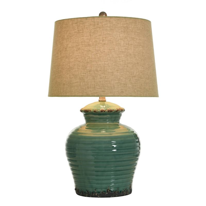 Turquoise Ceramic Table Lamp with Beige Hardback Linen Shade  - StyleCraft, 4 of 8