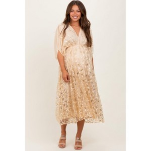 Pinkblush Light Gold Embroidered Tulle Dolman V-Neck Maternity Midi Dress - 1 of 4