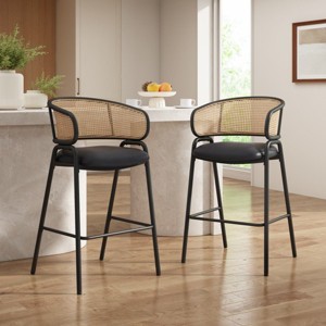 Set of 2 Rattan Bar Stools with Metal Frame and Faux Leather Seat,Modern Open Back Bar Chairs for Kitchen Island or Home Bar-Coolbibila - 1 of 4
