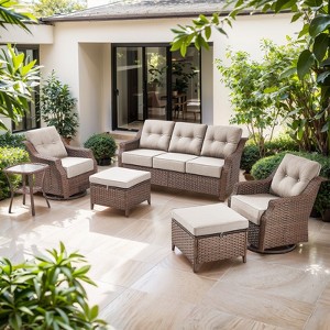 POCASSY 6PCS Outdoor Furniture Set with 6" Thick Cushion, Outdoor Sofa Couch Set with Swivel Chairs and Ottoman, Brown Wicker Patio Furniture Set - 1 of 4