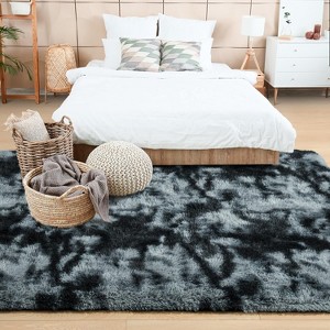 Extra Large Plush Shag Area Rug, 1.7" Thick Ultra Soft Non-Slip Tie-Dye Peacock Blue Mat - 1 of 4