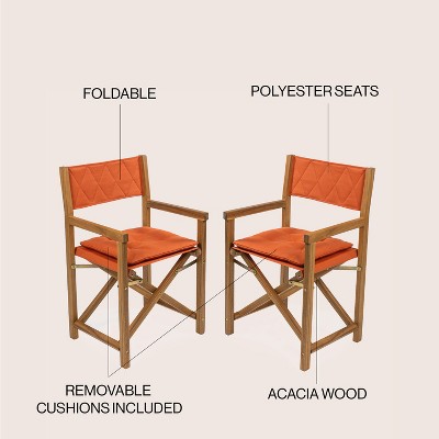 Mid-Century Teak Brown Acacia Wood Director Chair with Orange Cushions