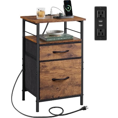 GALAXHERO Nightstand with Charging Station, End Table with 2 Fabric Drawers, Side Table for Living Room, 2 USB Ports and 2 Outlets