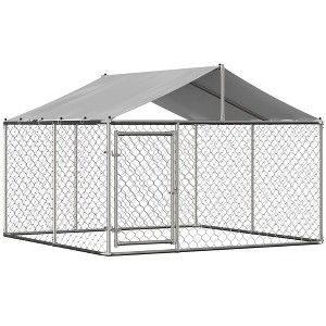 Outside Dog Kennel with Roof, Galvanized Steel Pet Enclosure Chain Link Dog House (118"D x 118"W x 71"H) - 1 of 4
