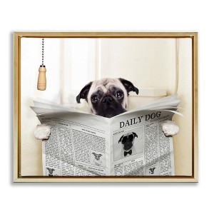 Stupell Industries Pug Reading Newspaper in Bathroom Floating Frame Canvas Art - 1 of 4