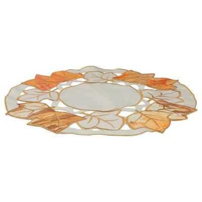 12" Autumn Elegance Embroidered Leaf Doily in White & Beige