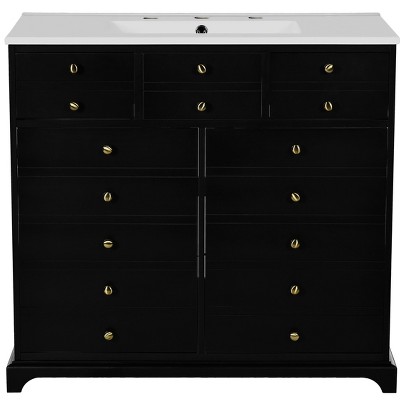 Vynxaria 36'' Bathroom Vanity with ceramic sink, solid wood frame, freestanding design, 2 drawers, and soft-closing doors in sleek black