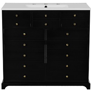 Vynxaria 36'' Bathroom Vanity with ceramic sink, solid wood frame, freestanding design, 2 drawers, and soft-closing doors in sleek black - 1 of 4