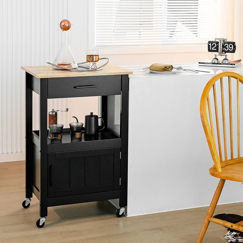 Costway Rolling Kitchen Island Cart on Wheels Bar Serving Trolley w/Drawer Cabinet Black\White, 2 of 11