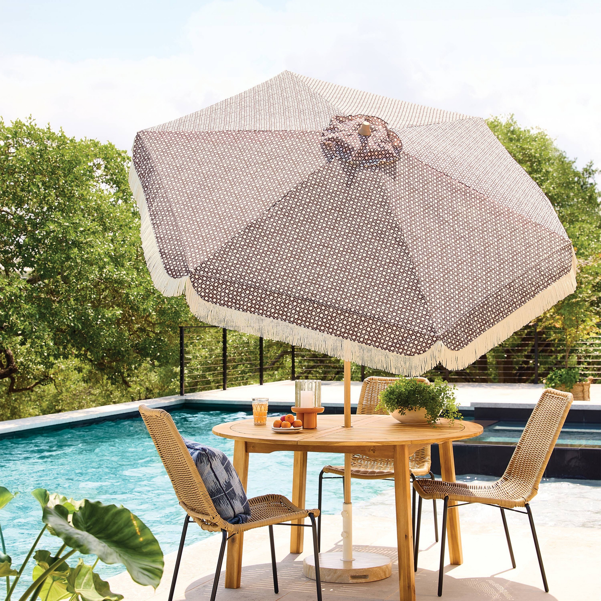 7.5' Cane Fringe Outdoor Patio Umbrella Brown - Tempera