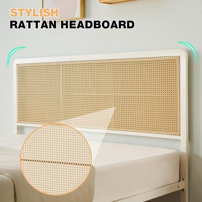 Queen Size White Metal Frame Bed with Rattan Upholstered Headboard