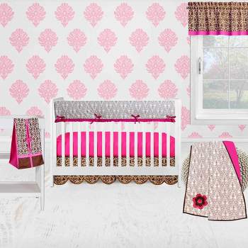 Bacati - Damask Pink Fuschia Chocolate 6 pc Crib Bedding Set with Long Rail Guard Cover