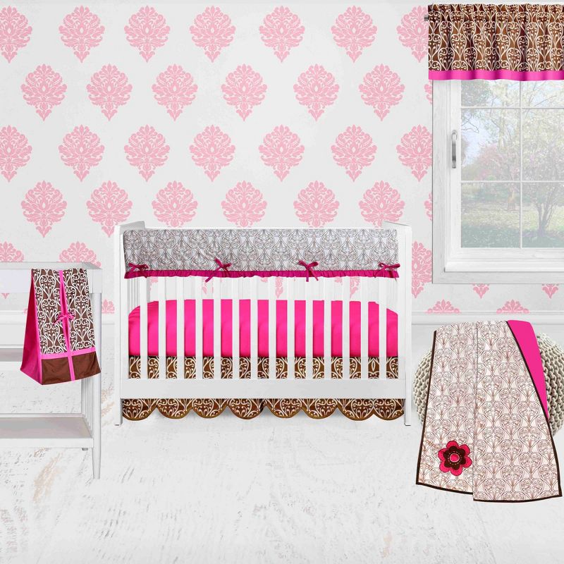 Bacati - Damask Pink Fuschia Chocolate 6 pc Crib Bedding Set with Long Rail Guard Cover, 1 of 12
