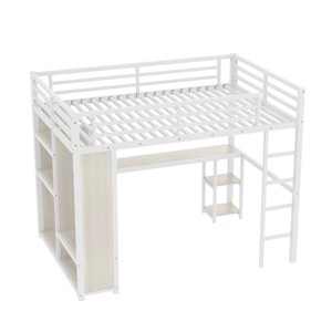 TopComfy Beds Queen Size Loft Bed Frame with Built in Wardrobe Metal Loft Bed with Desk and Storage Shelves for Bedroom, White, 63.78"*68.5"*163.58" - 1 of 4