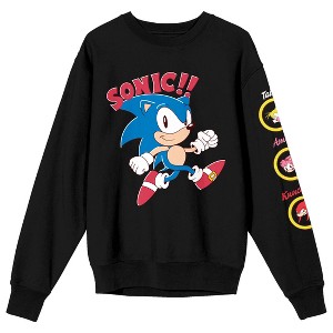 Sonic The Hedgehog Classic Walking Art with Characters on Sleeve on Black Adult Crew Neck - 1 of 3