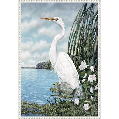 Great White Egret Coastal Scene Beaded Framed Canvas Art
