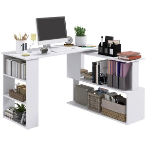 Aghana Digitals 360° Rotating L-Shaped Home Office Desk with Storage Shelves, White Wood Grain - 1 of 4