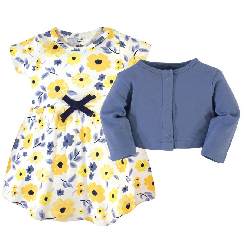 Touched by Nature Baby and Toddler Girl Organic Cotton Dress and Cardigan 2pc Set, Yellow Garden, 3 of 6