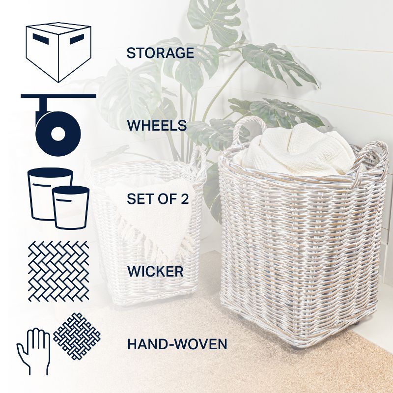 happimess Arbour Rustic Hand-Woven Rattan Nesting Baskets with Wheels and Handles, White Wash/Kubu Gray (Set of 2), 6 of 13
