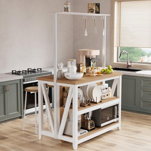 DobleePy 47" Wooden Kitchen Island with Power Outlet, LED Lighting, 3 Shelves & Bakers Rack, Farmhouse Style Storage & Workspace - 1 of 4