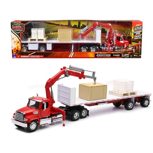 Freightliner 114SD Flatbed Truck with Crane Red with Accessories Long Haul Trucker Series 1/32 Diecast Model by New Ray