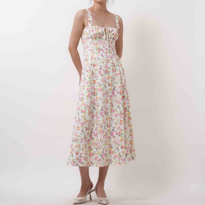 Women's Elegant Pleated Midi Dress - Sleeveless Slim Fit Cocktail Dress with Lining Cherie Code Apricot Floral M