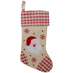 Northlight 16.5" Red and Ivory Embroidered Santa Claus Christmas Stocking with Gingham Cuff - 1 of 4