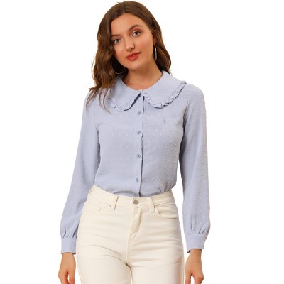 INSPIRE CHIC Women's Swiss Dots Peter Pan Collar Long Sleeve Button Down Shirt