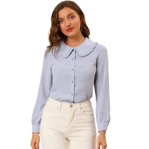 INSPIRE CHIC Women's Swiss Dots Peter Pan Collar Long Sleeve Button Down Shirt - 1 of 4