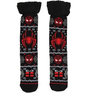 Marvel Comics Spider-Man Men's Ugly Christmas Sweater Knit Miles Morales Faux Shearling Lined Thick Fuzzy Slipper Socks Multicoloured - 1 of 4