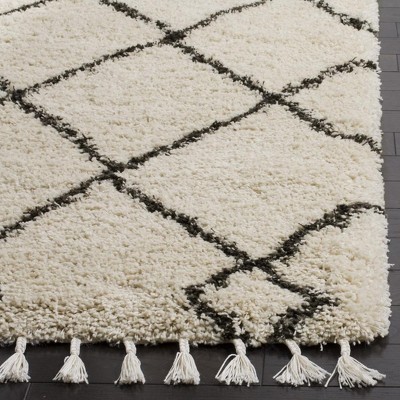Cream and Charcoal Geometric Shag Area Rug with Fringe