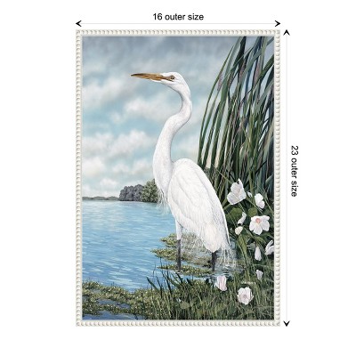 Great White Egret Coastal Scene Beaded Framed Canvas Art
