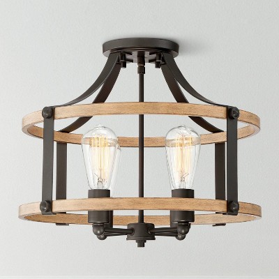 Buford 20" Rustic Farmhouse Black Metal & Faux Wood 4-Light Ceiling Light