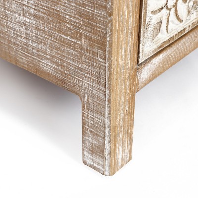 Rustic Floral Carved Wood and Metal End Table with Storage