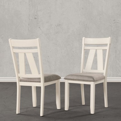 Roundhill Furniture Fasena Solid Wood Slat Back Upholstered Dining Chairs, Off White, Set of 2