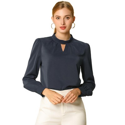 INSPIRE CHIC Women's Office Keyhole Elegant Stand Collar Long Sleeve Back Neck Button Blouse