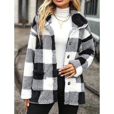 Womens Coat Double Fleece Plaid Button Down Collar Pocket Coat