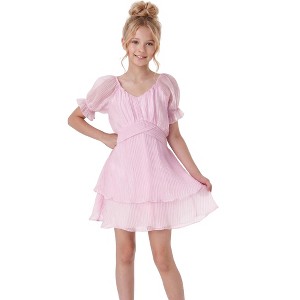 2Bunnies Girls Tween Teen Puff Sleeve Tiered Ruffle Mini Dress, Girl's, Size: 12 Years, Pink