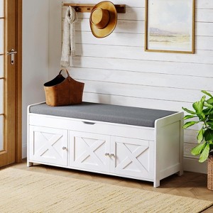 2-Tier Shoe Storage Bench with Cushioned Seat, Entryway Bench with Adjustable Shelf & Barn Doors, 300 lbs Capacity, for Entryway, Bedroom, White - 1 of 4